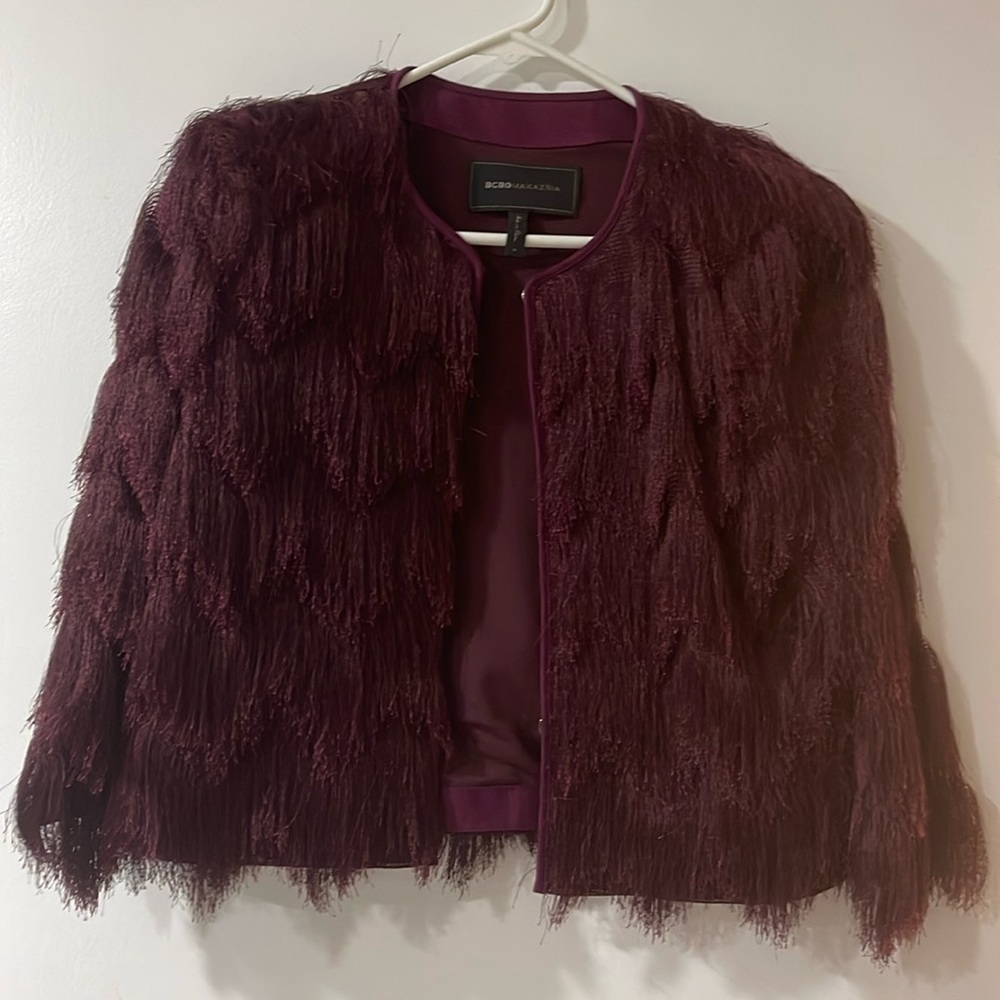 Bcbg MaxAzria Maroon Fringe Jacket Size 6